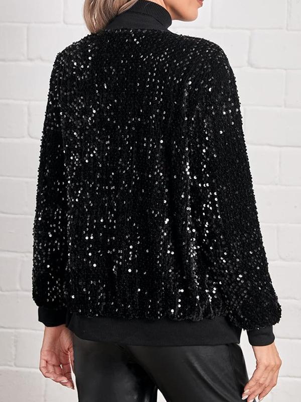 Long Sleeves Loose Sequined Solid Color Split-Joint Round-Neck Jackets Outerwear Product Image