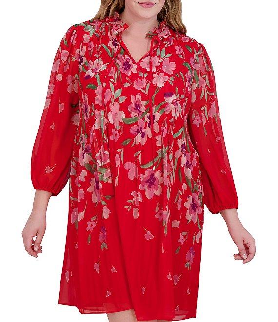 Jessica Howard Plus Size Tie Split Neck Long Balloon Sleeve Pleated Bodice Chiffon Shift Dress Product Image