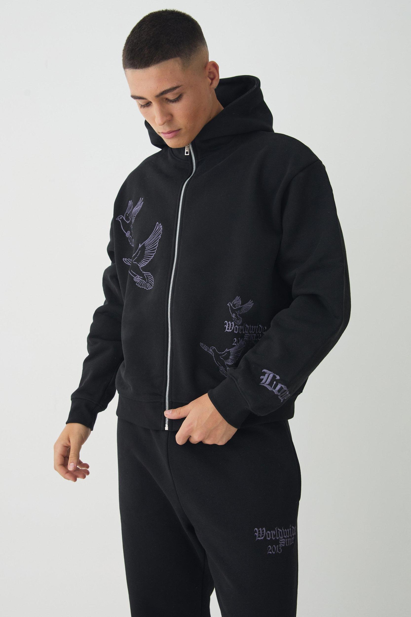 Smart Oversized Boxy Embroidered Super Heavyweight Zip Through Loopback Hoodie | boohooMAN USA Product Image