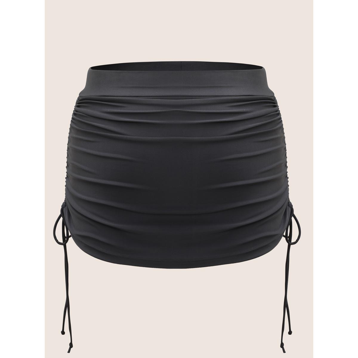 Plus Size Plain Ruched Drawstring Elastic Waist Swim Bottom Women's Swimwear Black Beach Non High stretch Skinny High Rise Curve Swim Bottoms BloomChic 30/6X Product Image