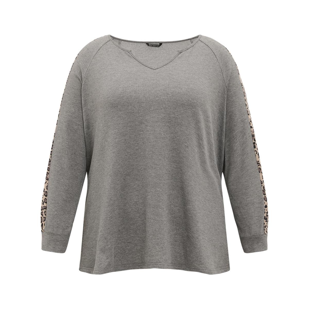 Plus Size Leopard Patchwork Notched Raglan Sleeve Sweatshirt Women Gray Casual Patchwork Notched collar Dailywear Sweatshirts BloomChic 18-20/2X Product Image