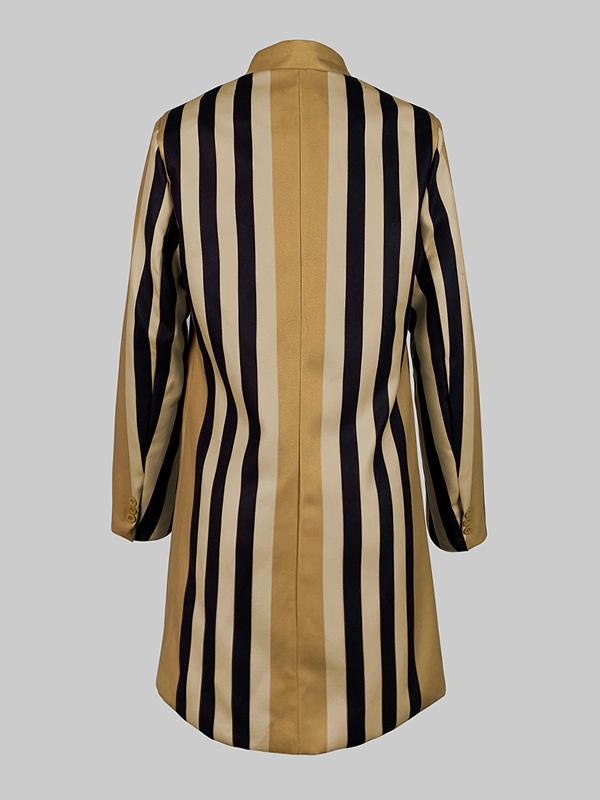 Long Sleeves Loose Buttoned Split-Joint Striped Stand Collar Woolen Coat Product Image