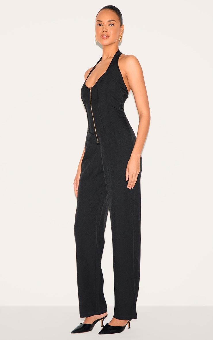  Black Dipped Corset Zip Front Wide Leg Jumpsuit Product Image