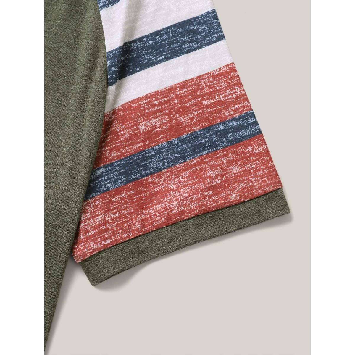 Plus Size Striped Raglan Sleeve Plain T-Shirt ArmyGreen Women Leisure Contrast Round Neck Casual T-shirts BloomChic 30/6X Product Image