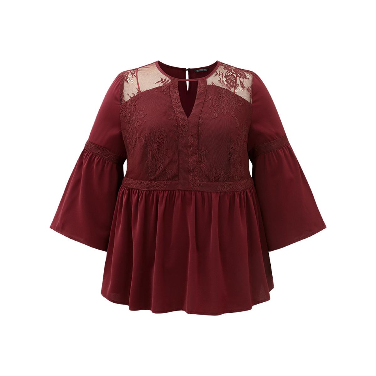 Plus Size Burgundy Anti-Wrinkle Keyhole Crochet Lace Mesh Ruffles Blouse Women Elegant Long Sleeve Keyhole Cut-Out Dailywear Blouses BloomChic 18-20/2X Product Image