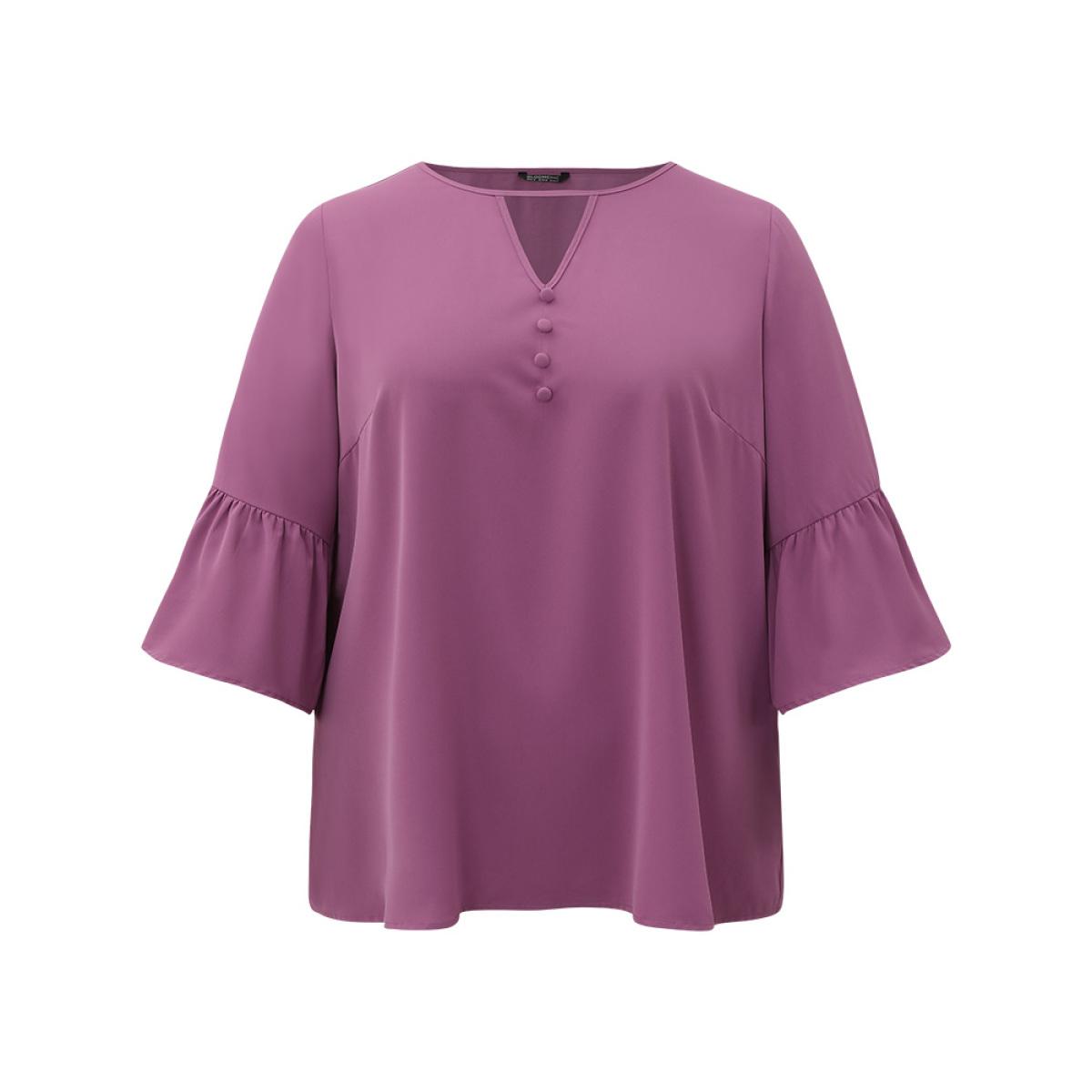 Plus Size Mauve Plain Keyhole Bell Sleeve Button Detail Blouse Women Office Elbow-length sleeve V-neck Office Blouses BloomChic 30/6X Product Image