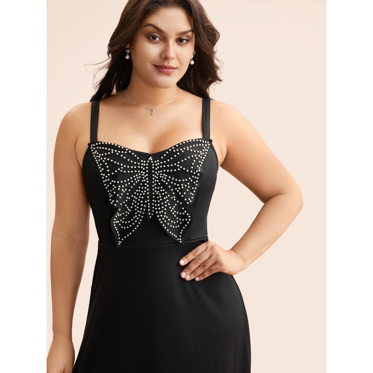 Plus Size Butterfly Pearl Beaded Cami Dress Black Women Elegant Beaded V-neck Sleeveless Curvy BloomChic 22-24/3X Product Image