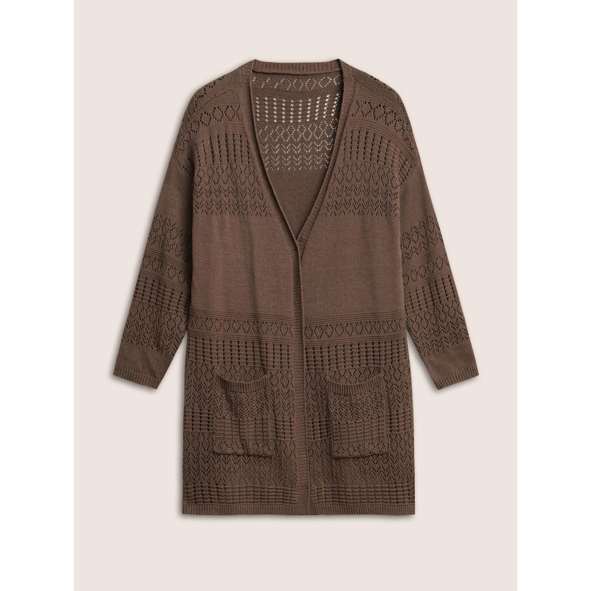 Plus Size Solid Geometric Hollow Out Pocket Cardigan DarkBrown Women Casual Long Sleeve Everyday Cardigans BloomChic 18-20/2X Product Image