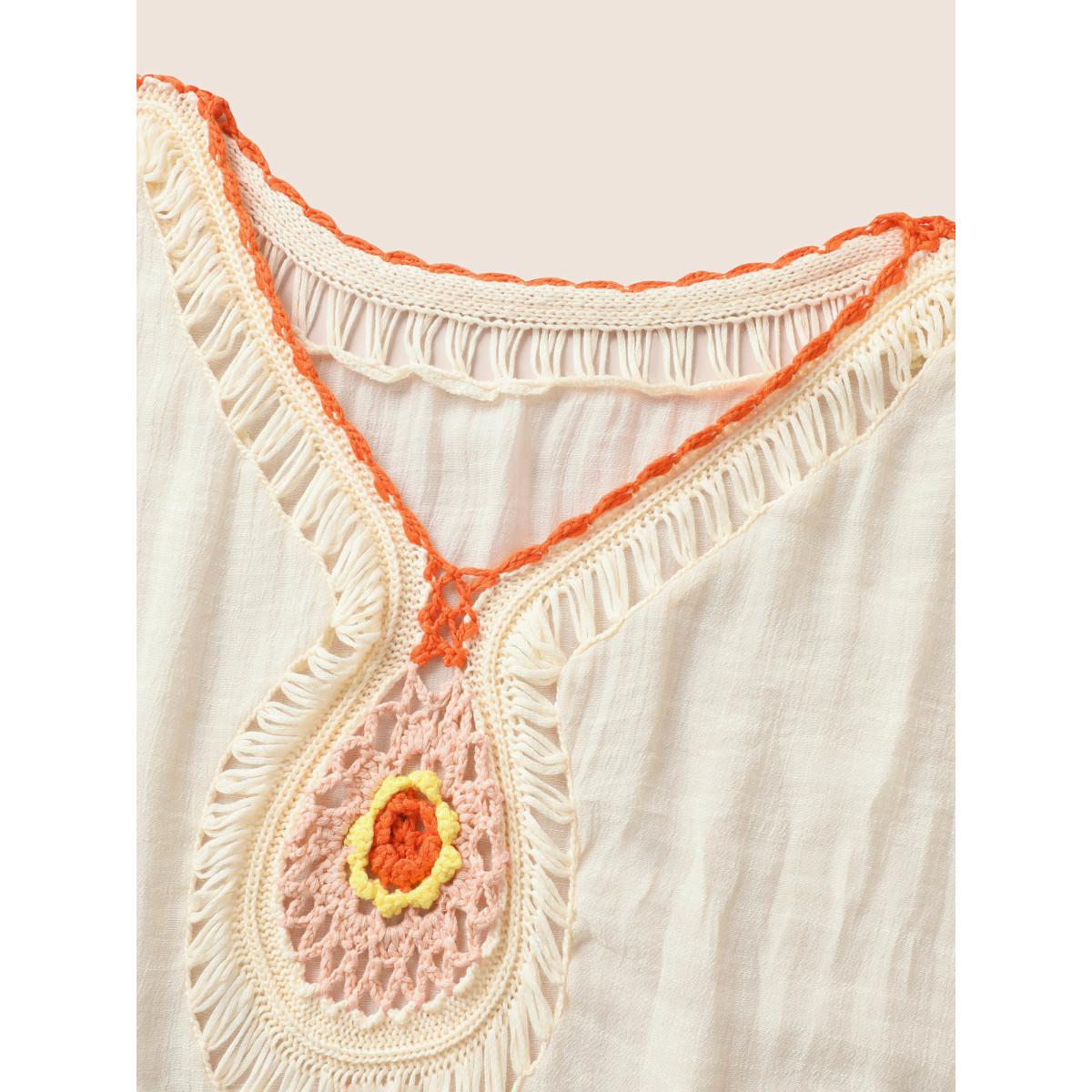 Plus Size Contrast Crochet Cut Out Slit Hem Swim Cover Up Women's Swimwear Ivory Beach Loose Crochet Curve Swim Cover Ups BloomChic 26/4X Product Image