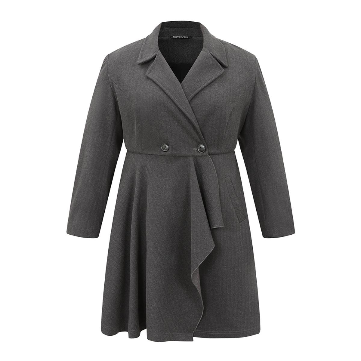 Plus Size Woolen Solid Button Up Ruffle Trim Coat Women Gray Elegant Asymmetrical Ladies Dailywear Winter Coats BloomChic 18-20/2X Product Image