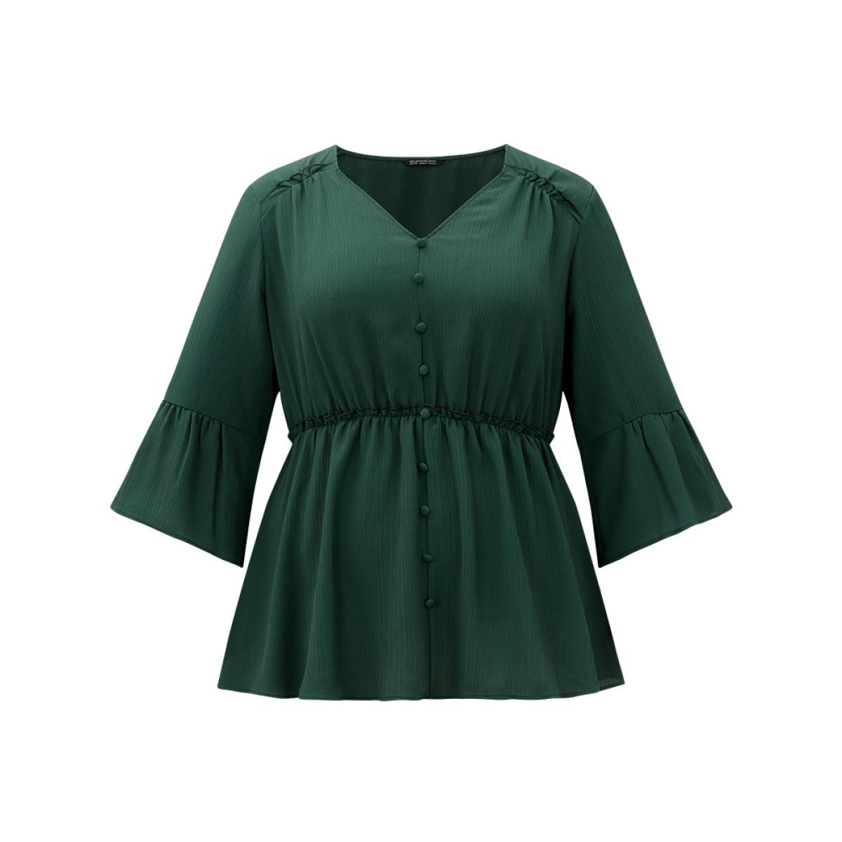 Plus Size DarkGreen Plisse Button Detail Elastic Waist Blouse Women Work From Home Elbow-length sleeve V-neck Office Blouses BloomChic 22-24/3X Product Image