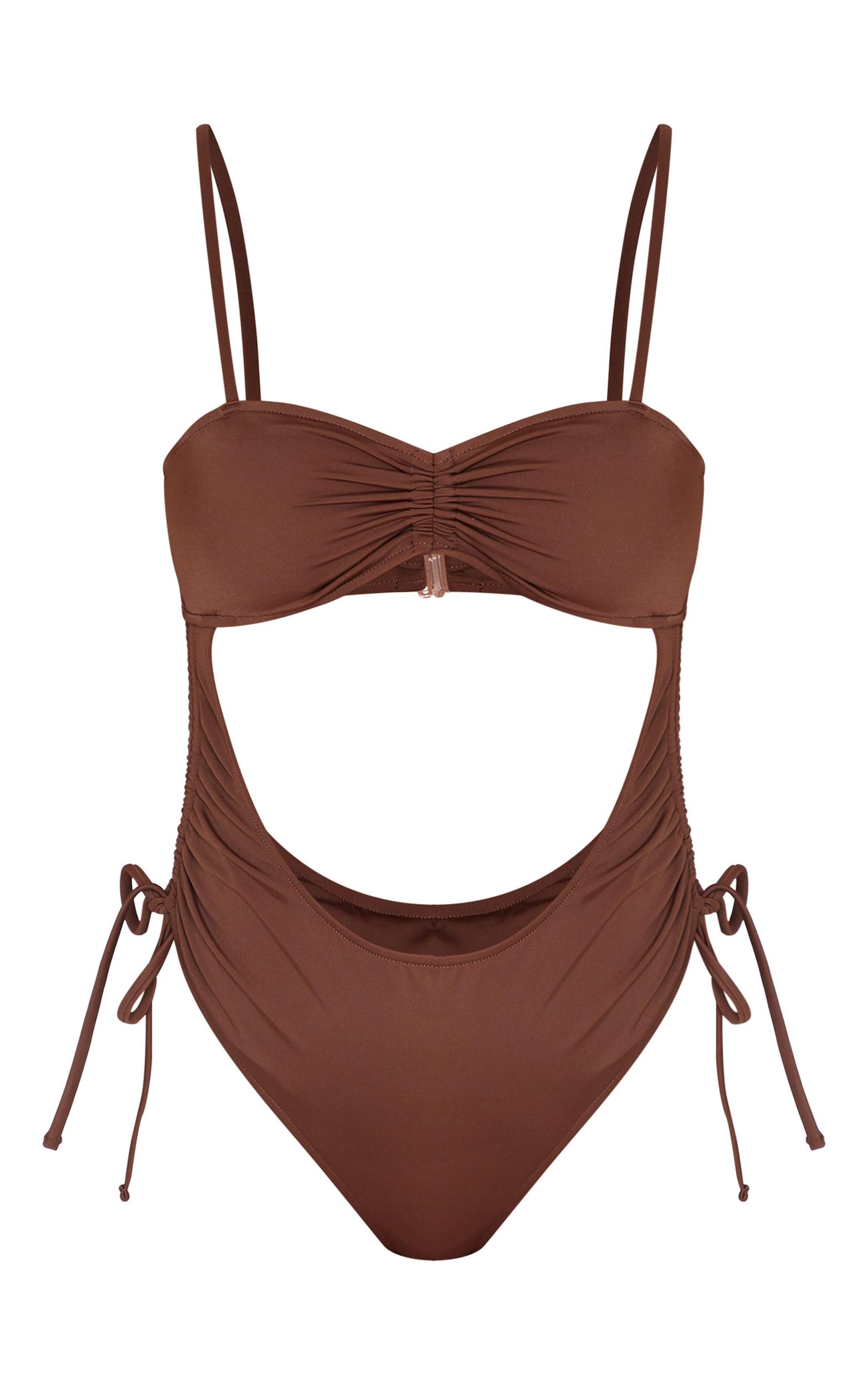 Chocolate Ruched Cut Out Halter Tie Swimsuit Product Image