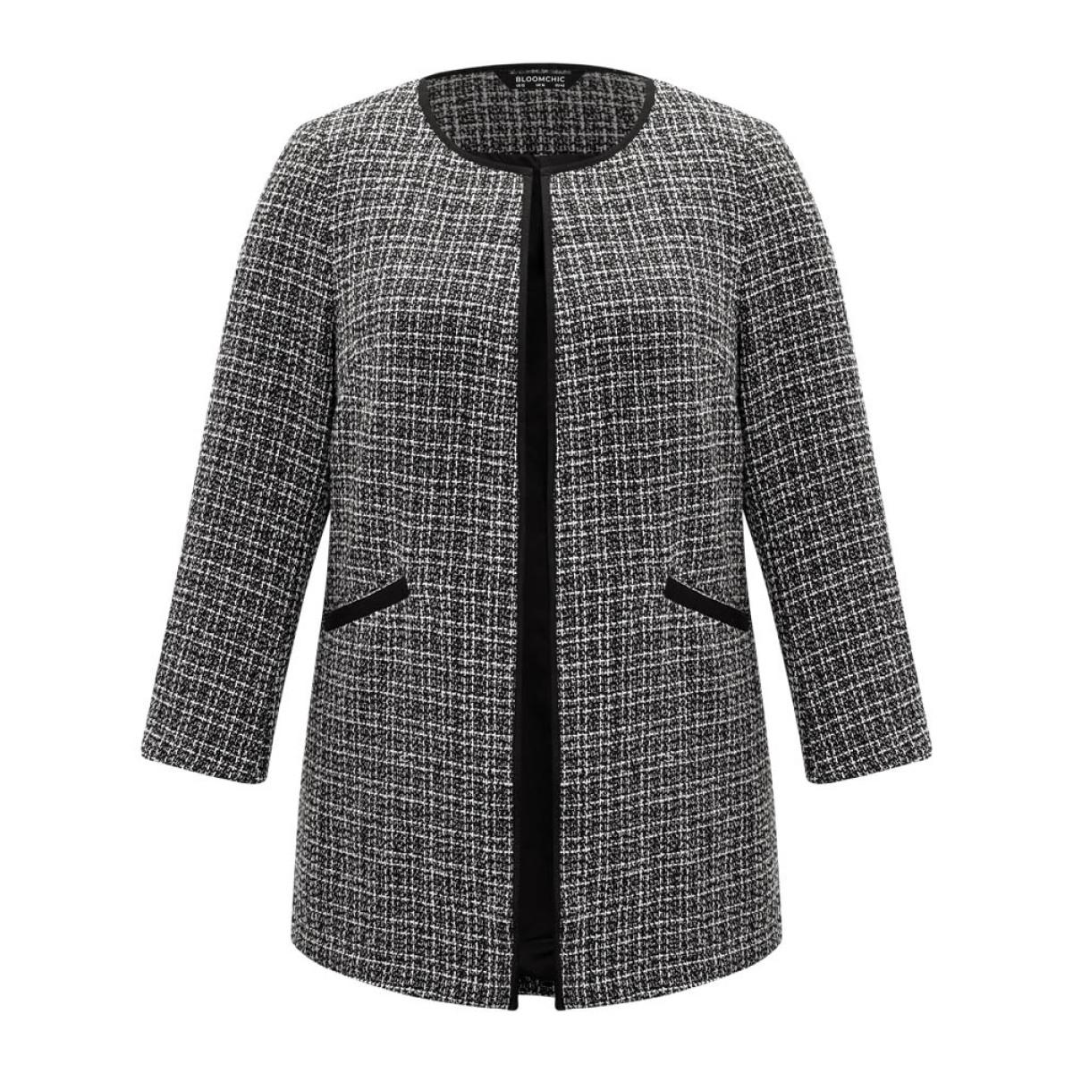 Plus Size Tweed Patchwork Open Front Pocket Coat Women Black Casual Texture Ladies Dailywear Winter Coats BloomChic 28/5X Product Image