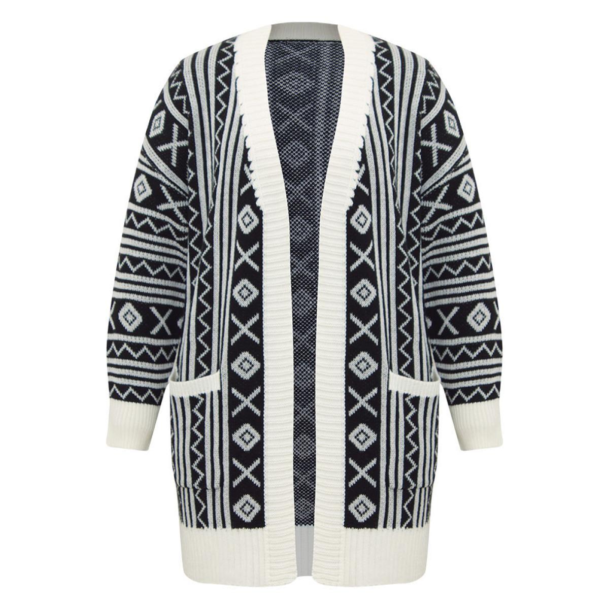 Plus Size Geometric Bandana Contrast Pocket Cardigan Black Women Casual Loose Long Sleeve Dailywear Cardigans BloomChic 26/4X Product Image