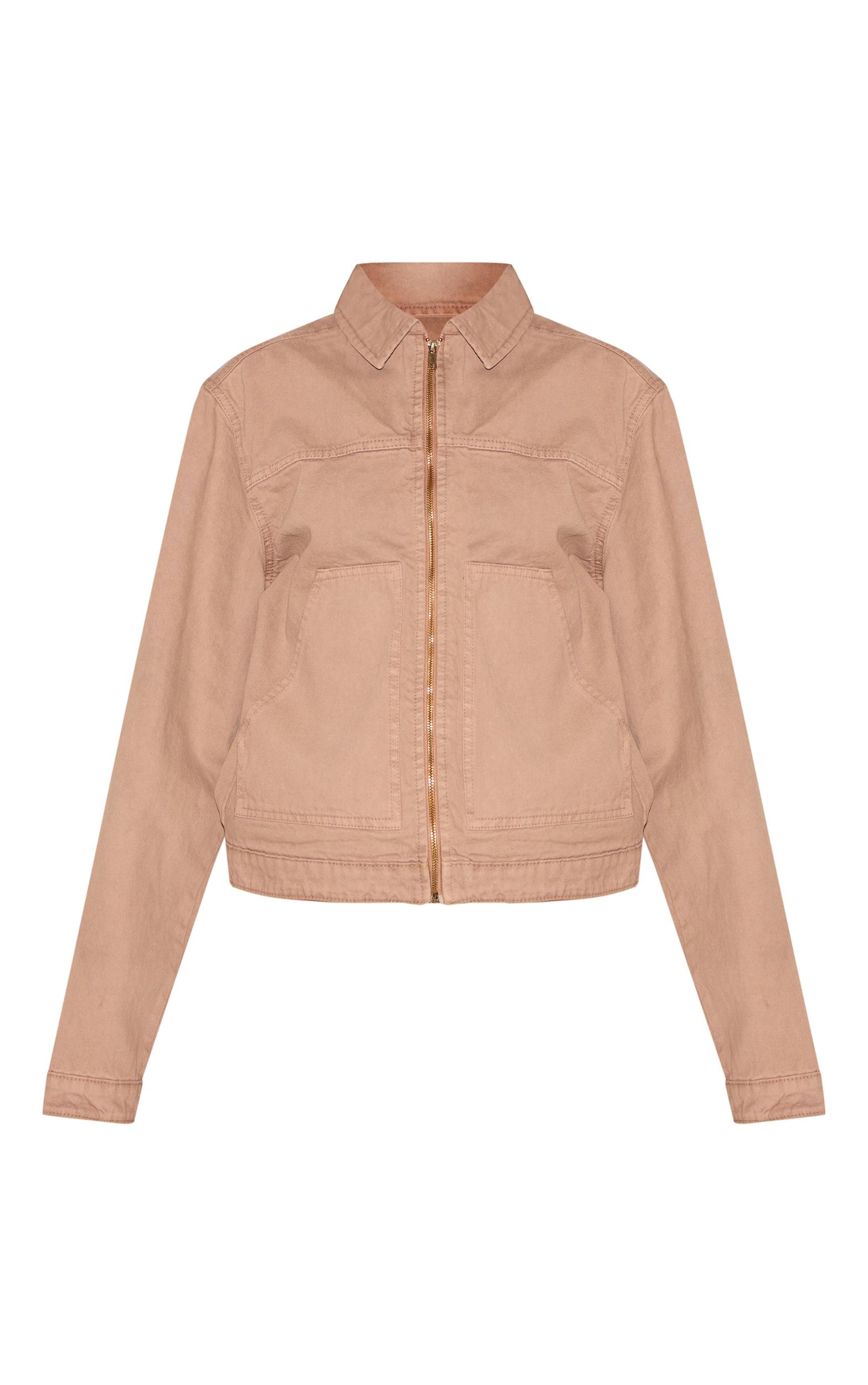 Taupe Boxy Contrast Seam Carpenter Denim Jacket Product Image