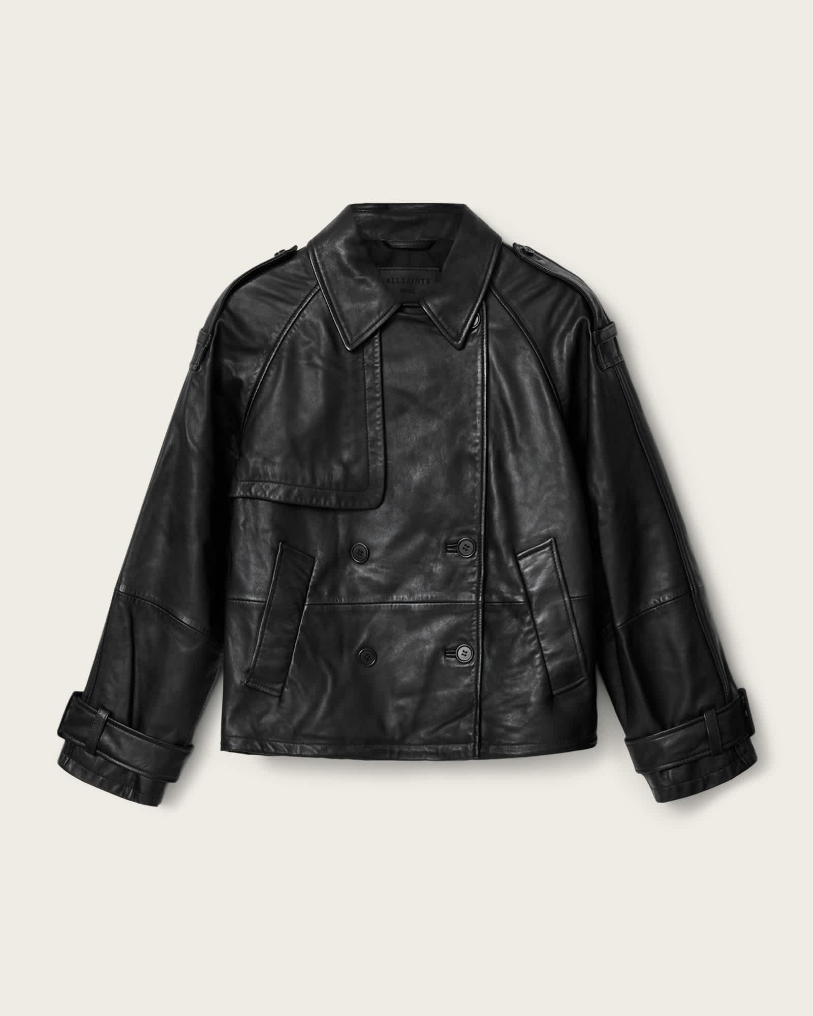 Reya Cropped Leather Mac Black | ALLSAINTS US Product Image