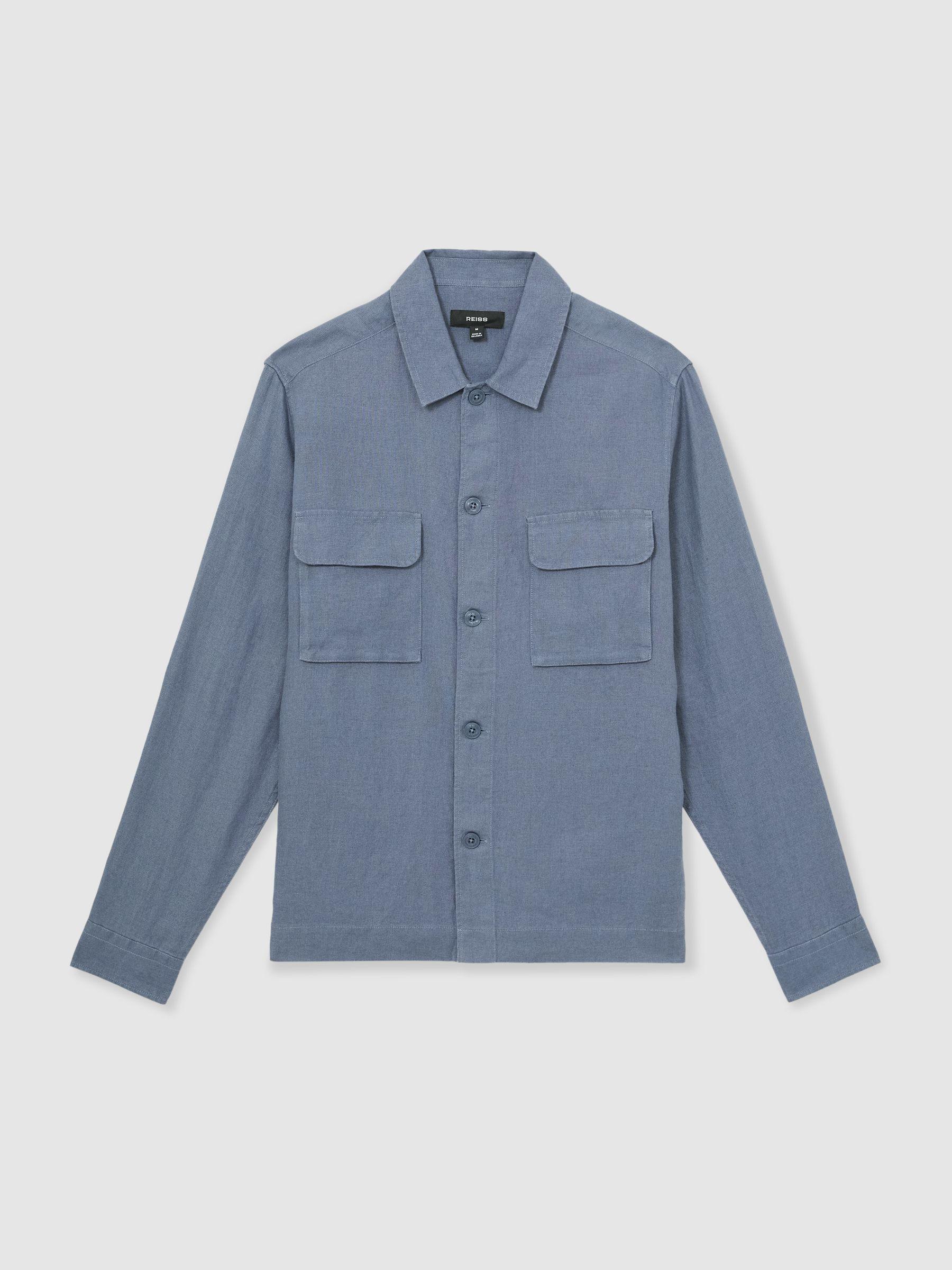 Linen Twin-Pocket Overshirt in Airforce Blue Product Image