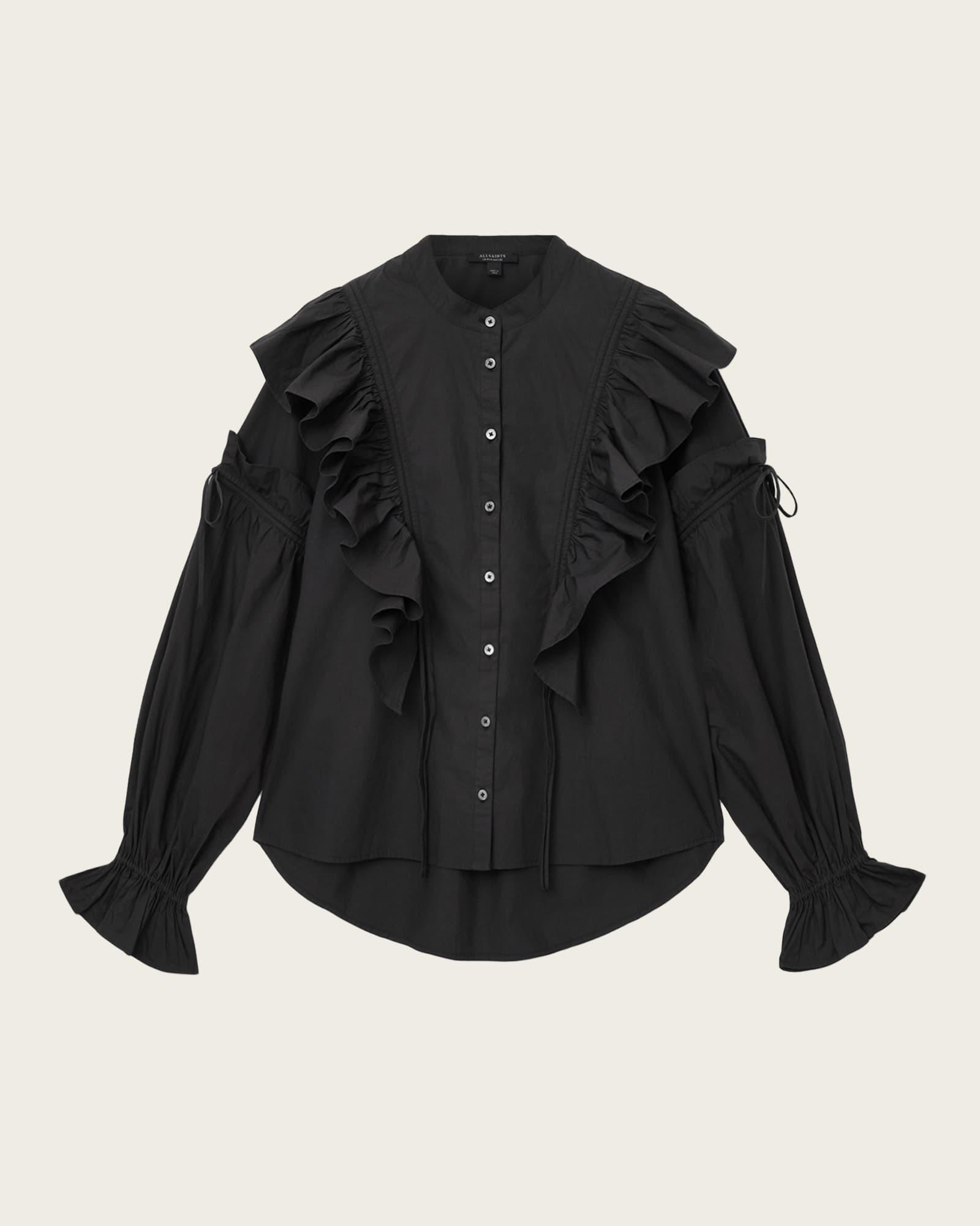 Lulu Ruffled Cotton Shirt Black | ALLSAINTS US Product Image