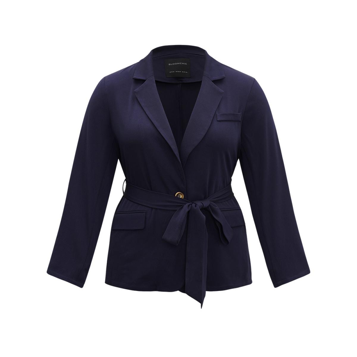 Plus Size Button Through Belted Blazer Indigo Women Dailywear Plain Plain Sleeve Long Sleeve Suit Collar 10/M Pocket Belt Elegant Blazers BloomChic Product Image