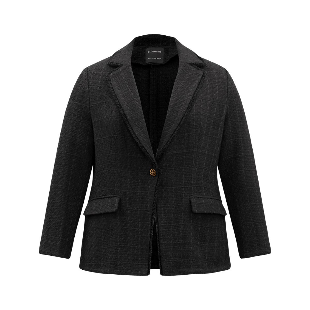 Plus Size Plain Tweed Plisse Pocket Button Through Blazer Black Women Dailywear Plain Texture Sleeve Long Sleeve Suit Collar 12/L Pocket Elegant Blazers BloomChic Product Image