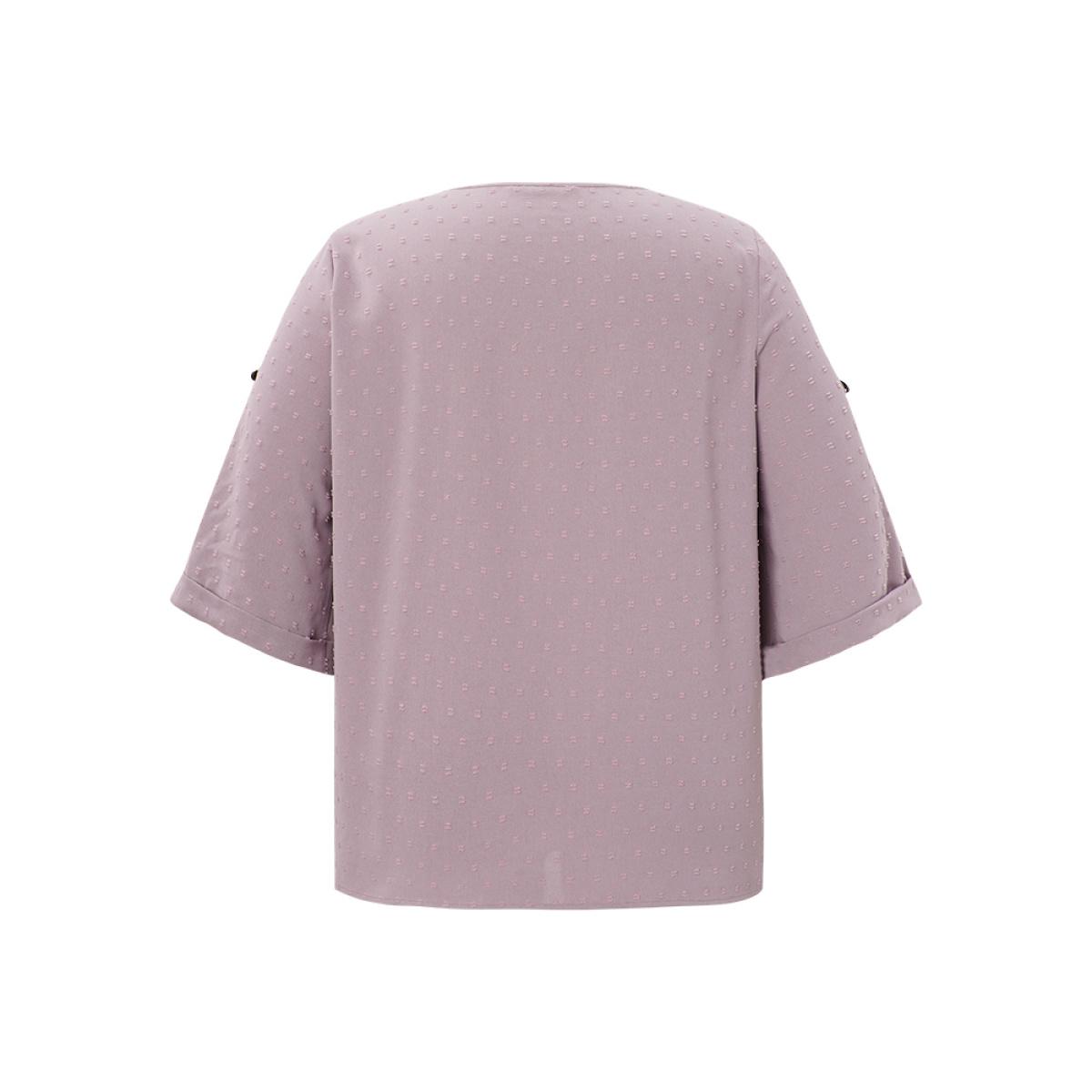 Plus Size Mauve Polka Dot V Neck Button Detail Cuffed Sleeve Blouse Women Office Elbow-length sleeve V-neck Office Blouses BloomChic 28/5X Product Image