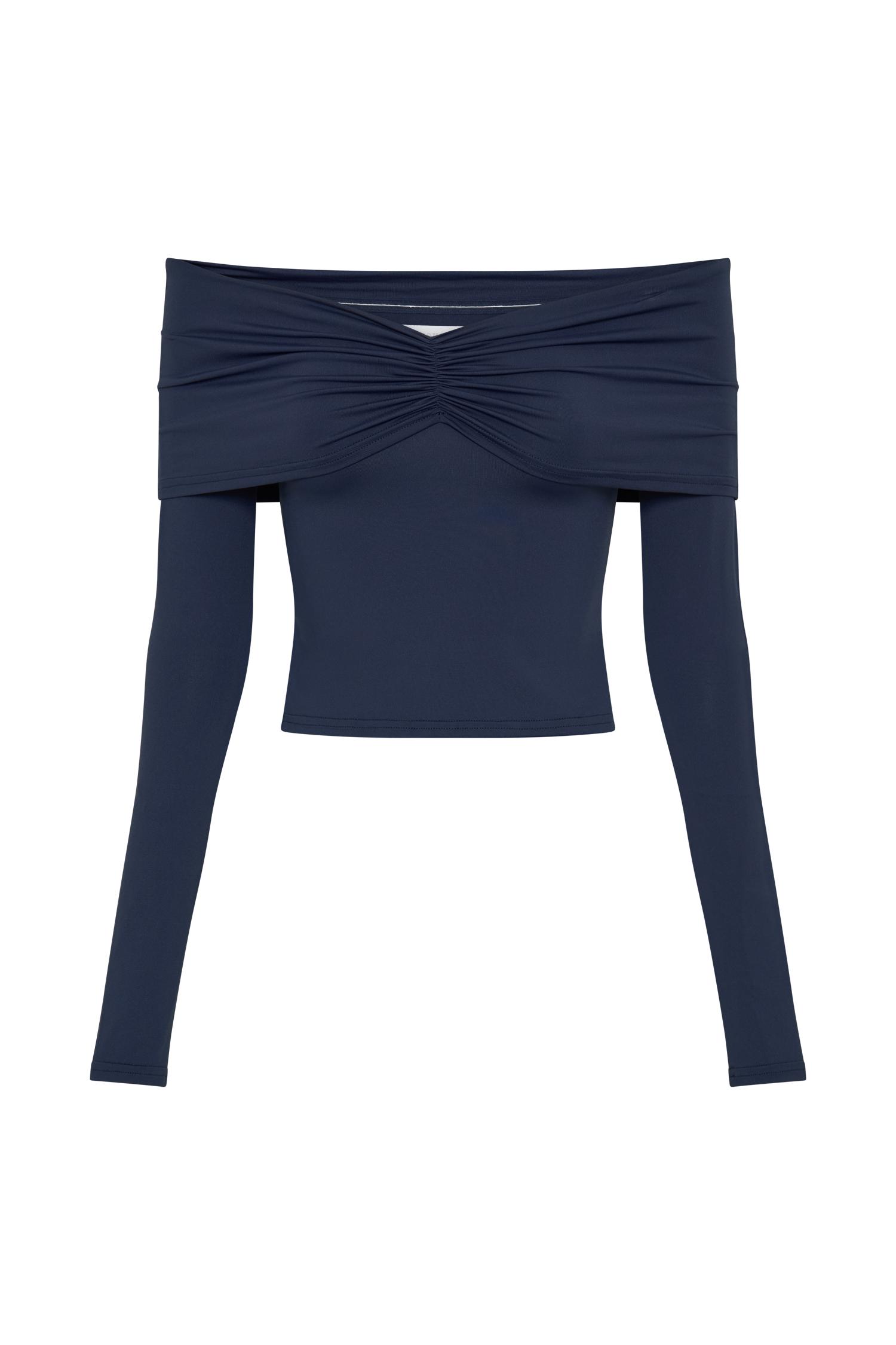 Prue Ruched Off Shoulder Long Sleeve Top - Navy Product Image