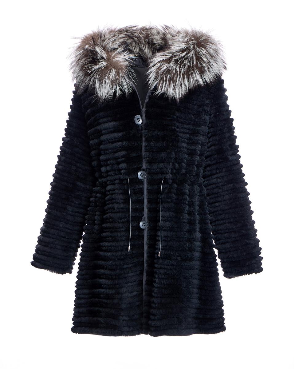 RABBIT REVERSIBLE COAT WITH FOX TRIMMED HOOD Product Image