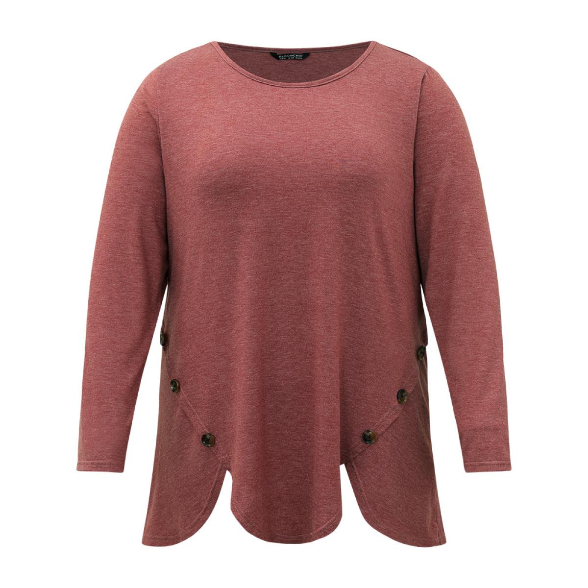 Plus Size Plain Round Neck Button Detail T-shirt Russet Women Casual Plain Plain Round Neck Dailywear T-shirts BloomChic 28/5X Product Image