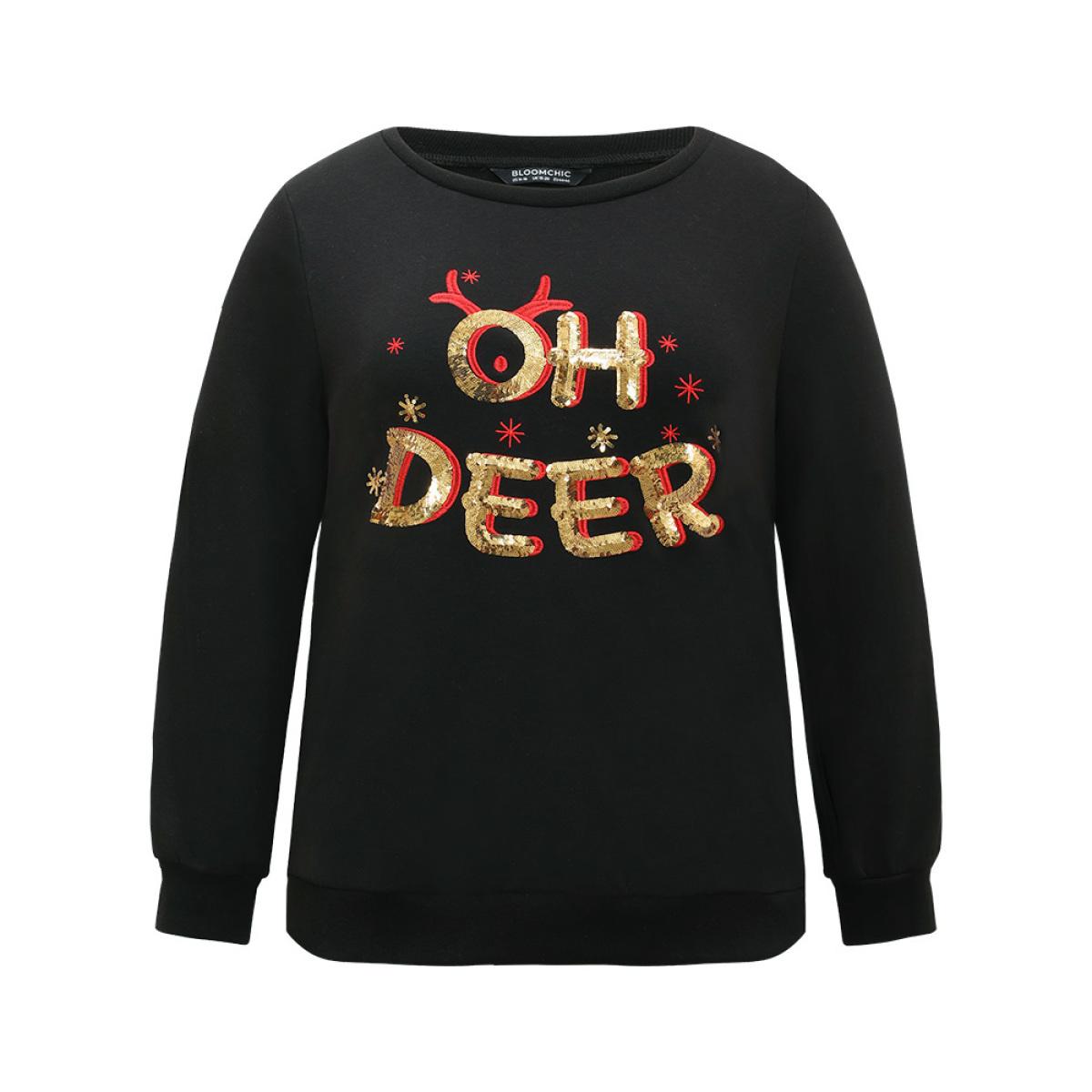 Plus Size Christmas Letter Print Sequin Embroidered Sweatshirt Women Black Casual Sequin Festival-Christmas Sweatshirts BloomChic 30/6X Product Image