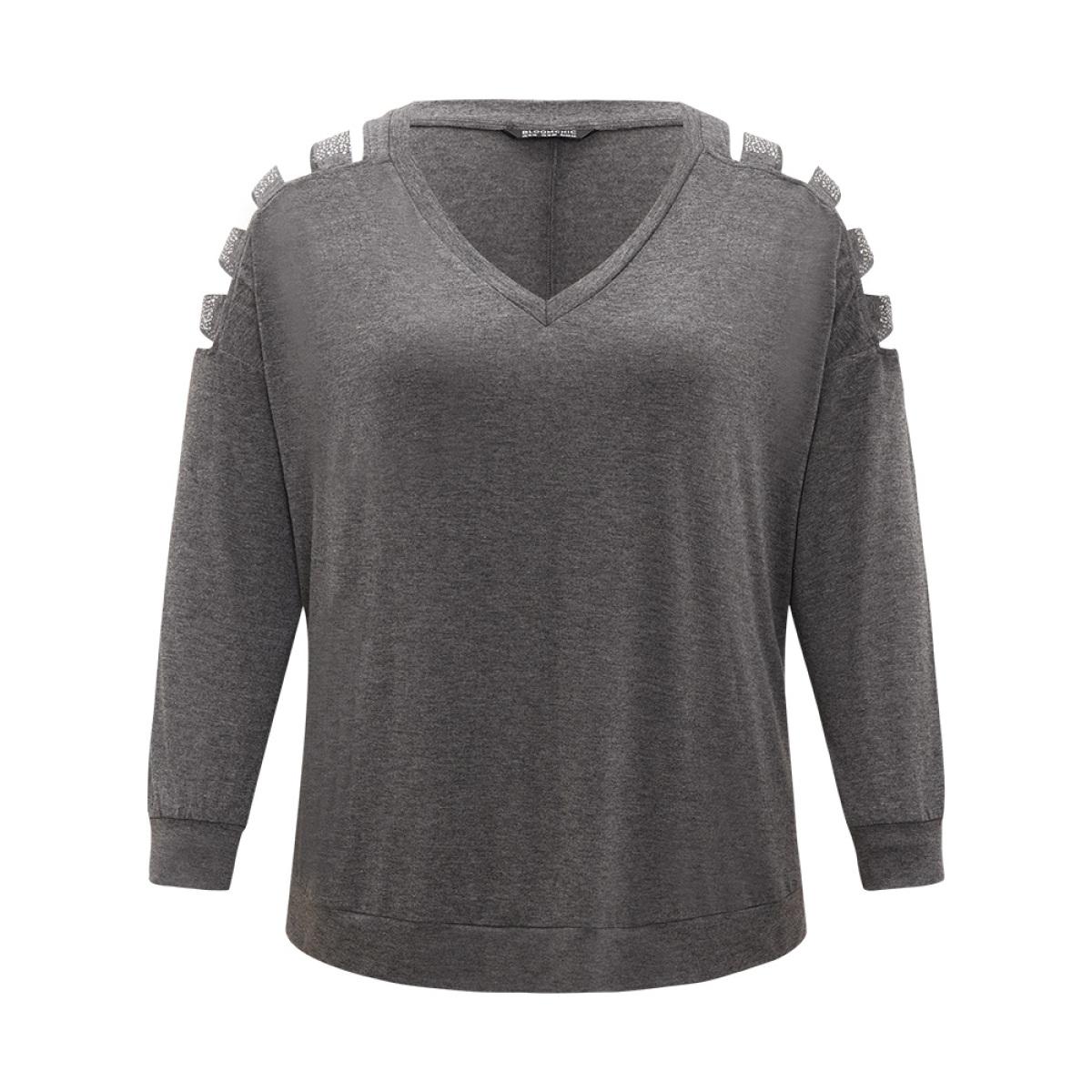 Plus Size Rhinestone Detail Hollow Out V Neck Long Sleeve T-shirt DimGray Women Casual Cut-Out Plain V-neck Dailywear T-shirts BloomChic 14-16/1X Product Image