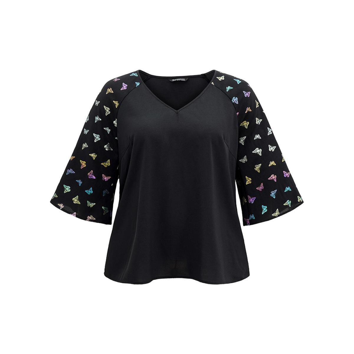 Plus Size Black Glitter Butterfly Flutter Raglan Sleeve Blouse Women Elegant Elbow-length sleeve V-neck Party Blouses BloomChic 18-20/2X Product Image