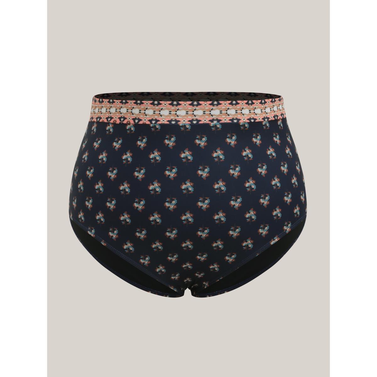 Plus Size Boho Print Surplice Neck Contrast Swim Dress Women's Swimwear DarkBlue Resort Bodycon Overlap Collar High stretch Curve Swim Dresses BloomChic 12/L Product Image