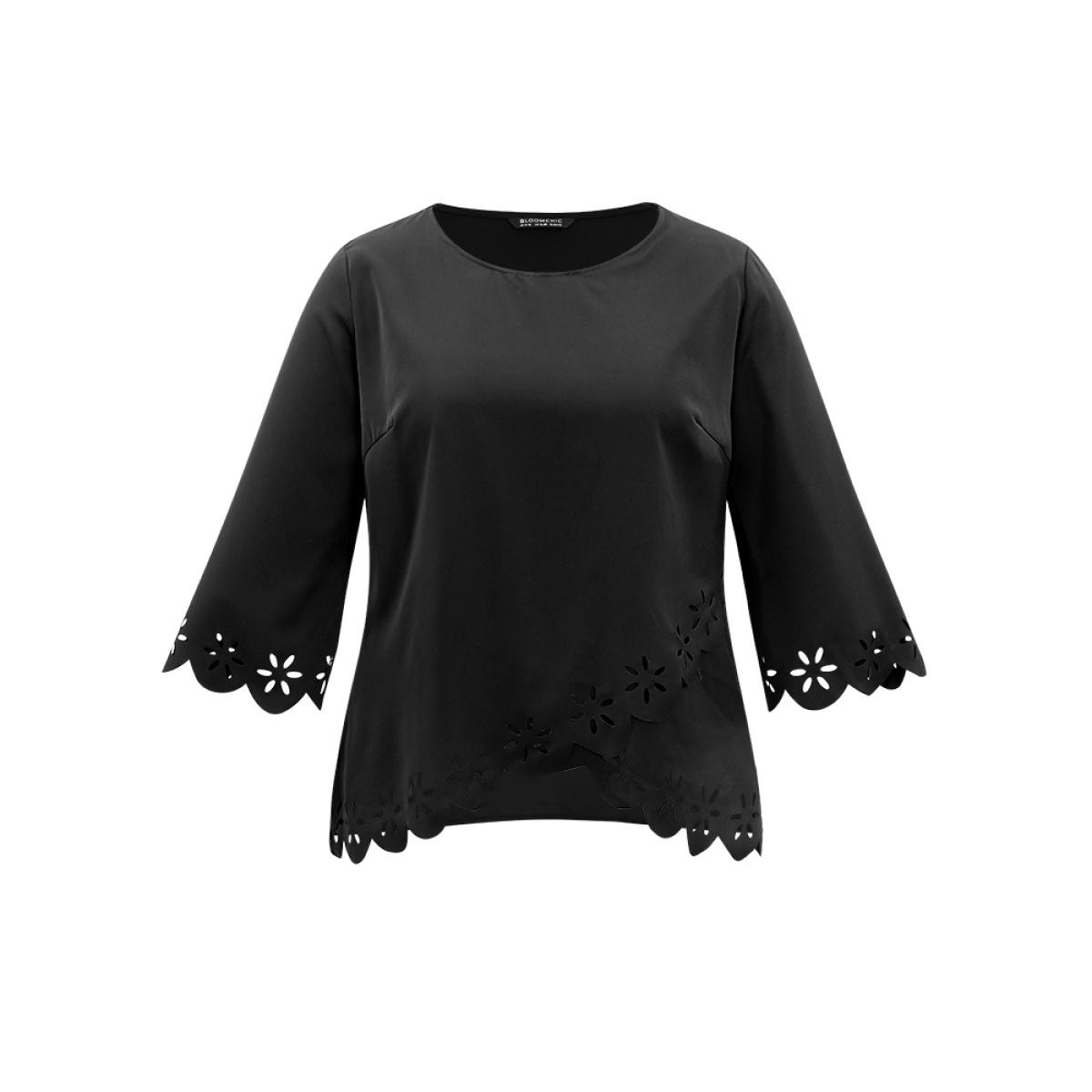 Plus Size Black Plain Laser Cut Crew Neck Scalloped Trim Blouse Women Elegant Elbow-length sleeve Round Neck Party Blouses BloomChic 30/6X Product Image