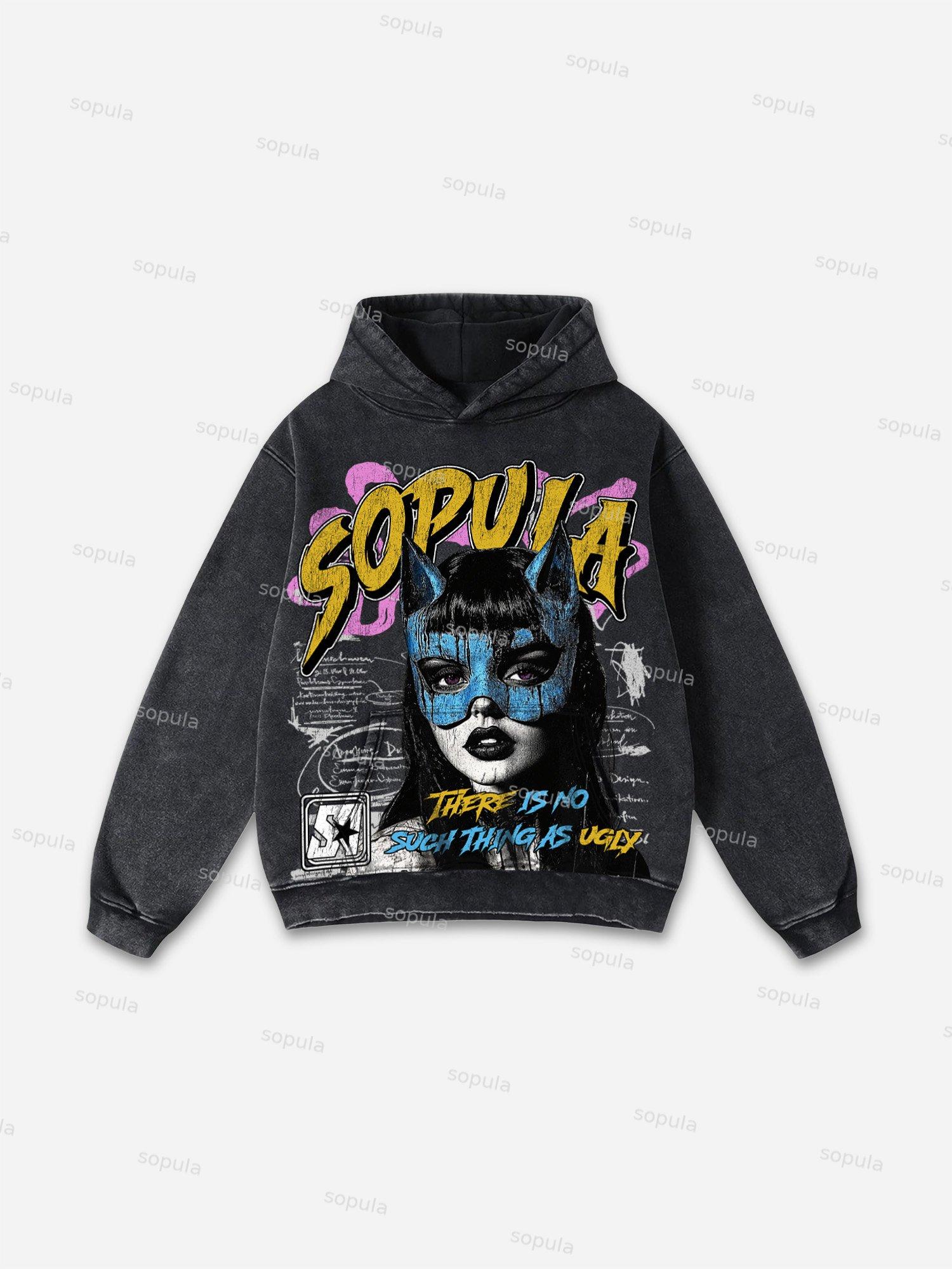 Sopula Vintage Street Portrait Graphic Print Washed Hoodie Product Image