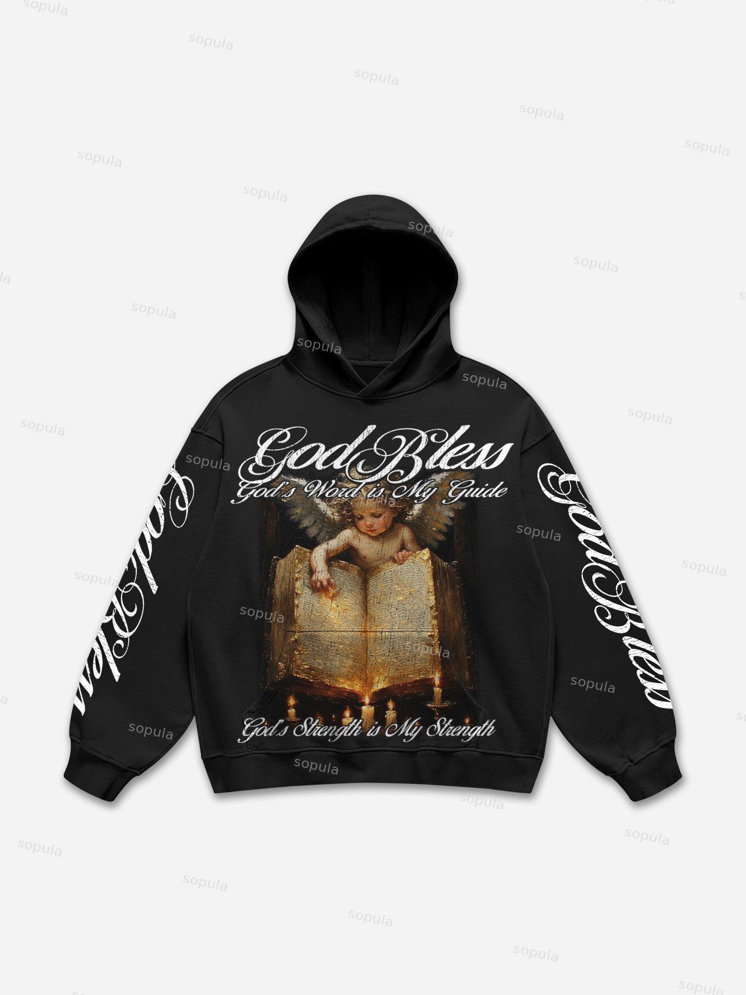 God Bless Angel Reading Bible Graphic Hoodie Product Image
