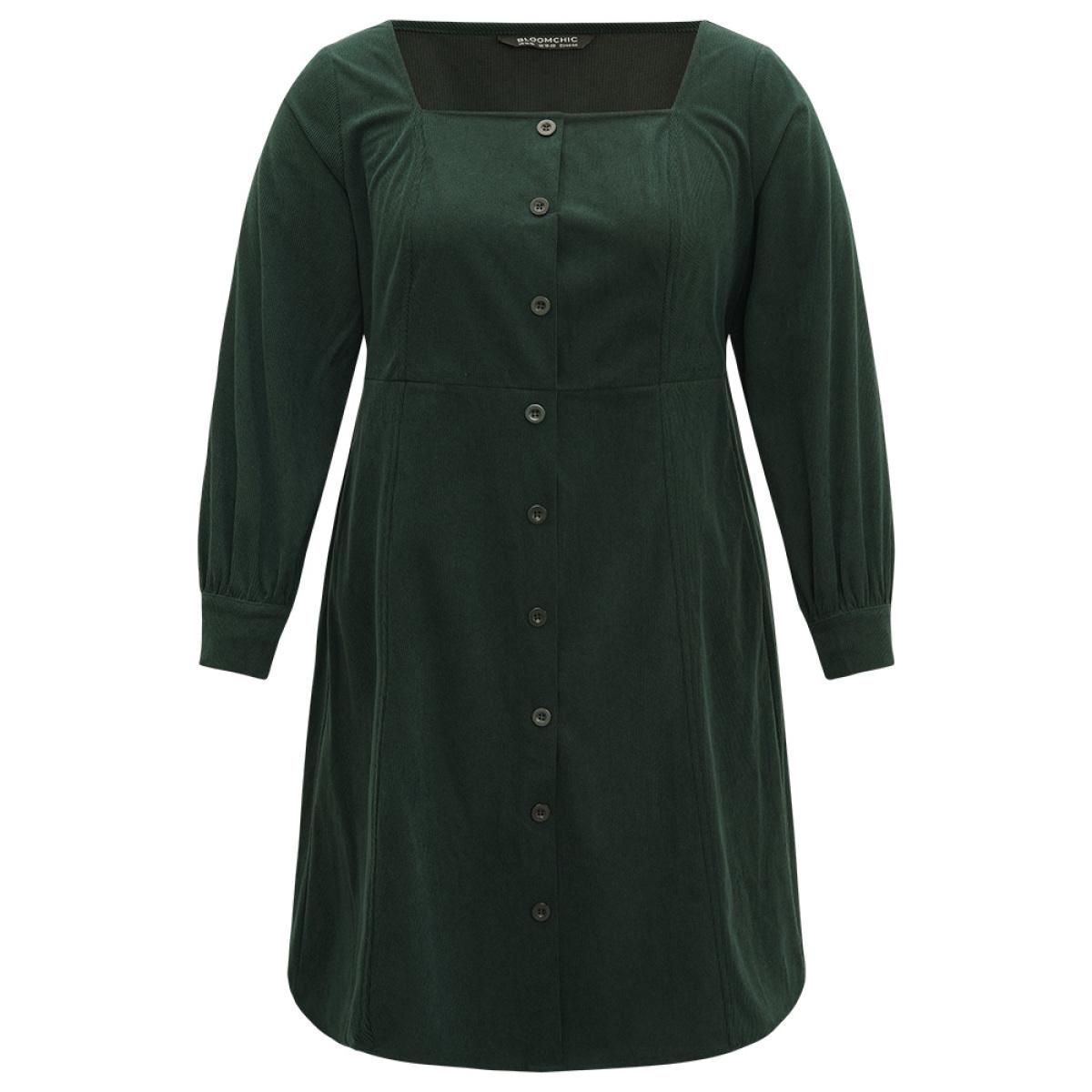 Plus Size Corduroy Plain Pocket Button Detail Dress DarkGreen Women Elegant Gathered Square Neck Long Sleeve Curvy Midi Dress BloomChic 12/L Product Image
