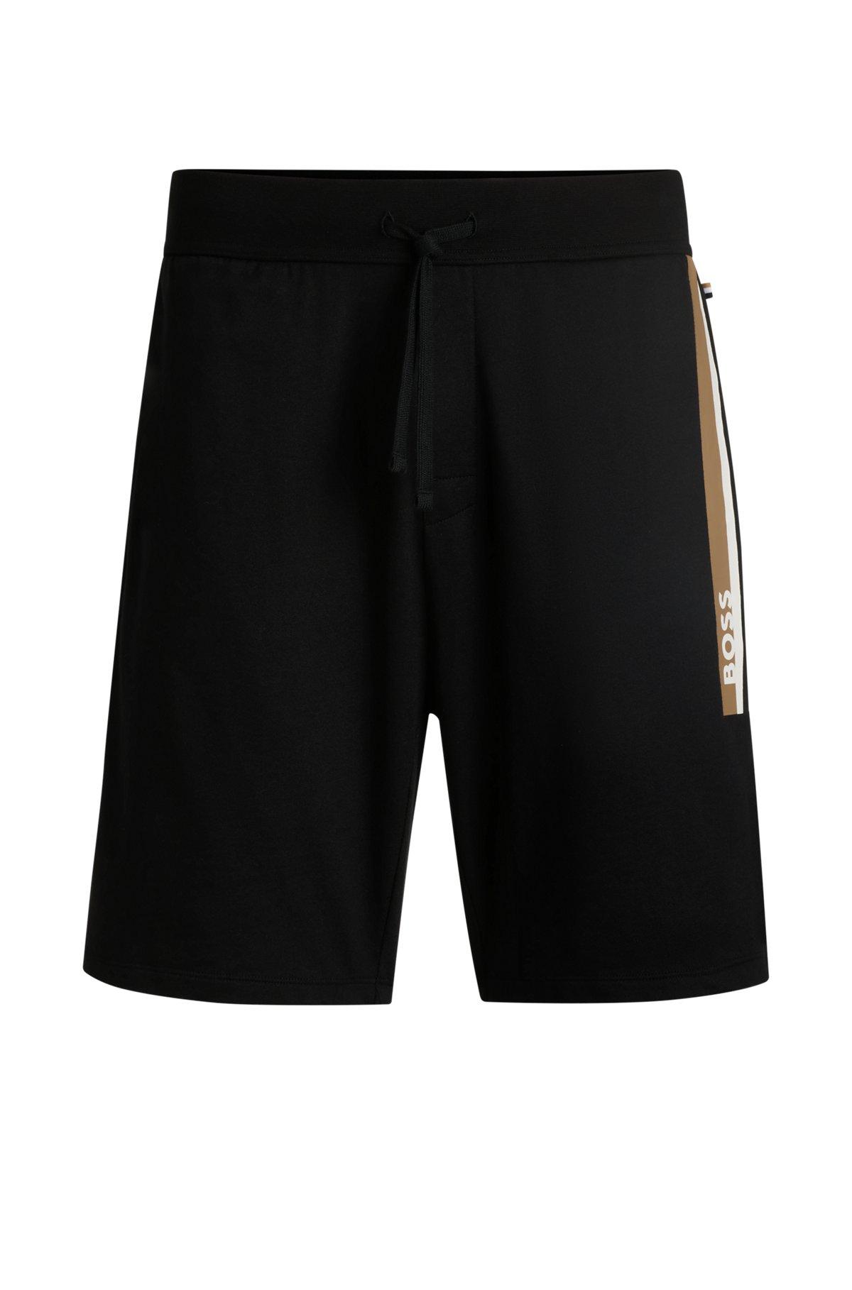 BOSS - Cotton-terry shorts with stripe print - Black Product Image