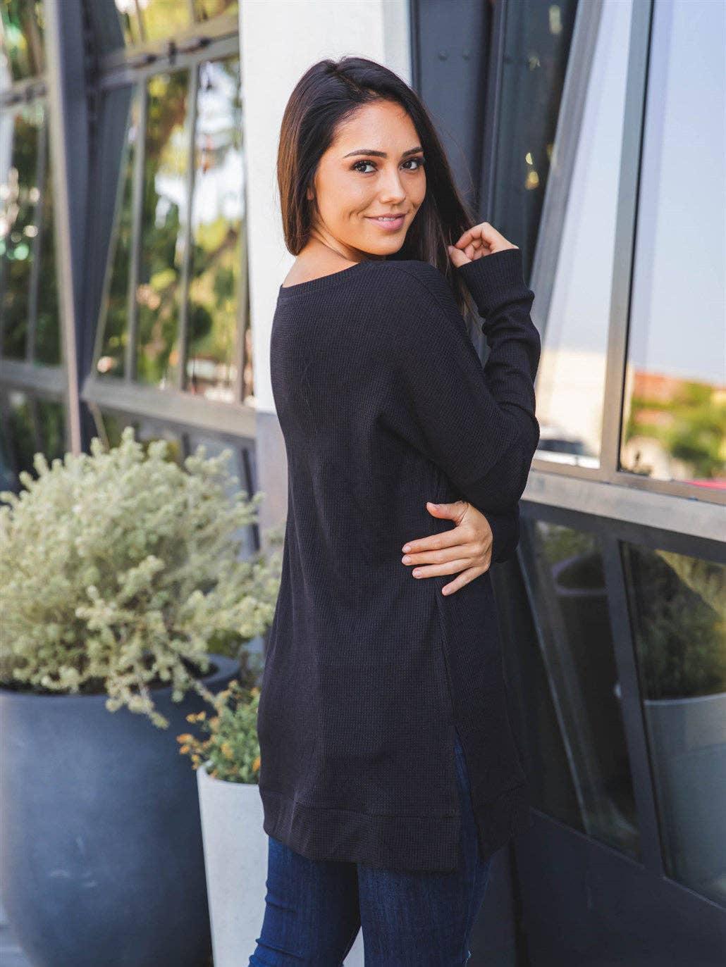 Waffle Knit Split Hem Rory Tunic: Black Product Image