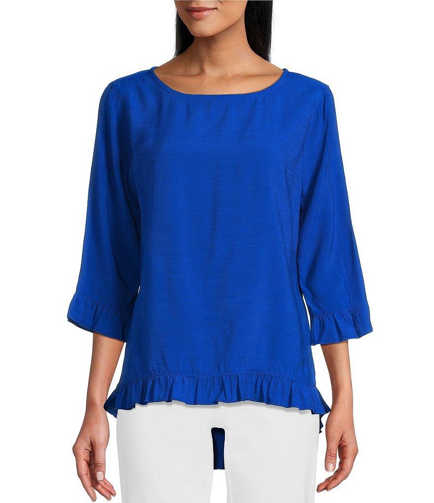 Multiples Solid Crinkle Woven Scoop Neck 3/4 Sleeve Hi-Low Hem Ruffle Top Product Image