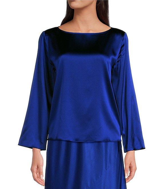 Eileen Fisher Stretch Silk Charmeuse Boat Neck Flare Bracelet Sleeve Top Product Image
