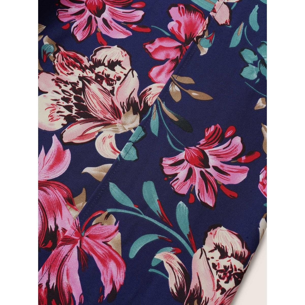 Plus Size Floral Elastic Waist Split Hem Wide Leg Pants Women Indigo Resort Wide Leg High Rise Vacation Pants BloomChic 26/4X Product Image