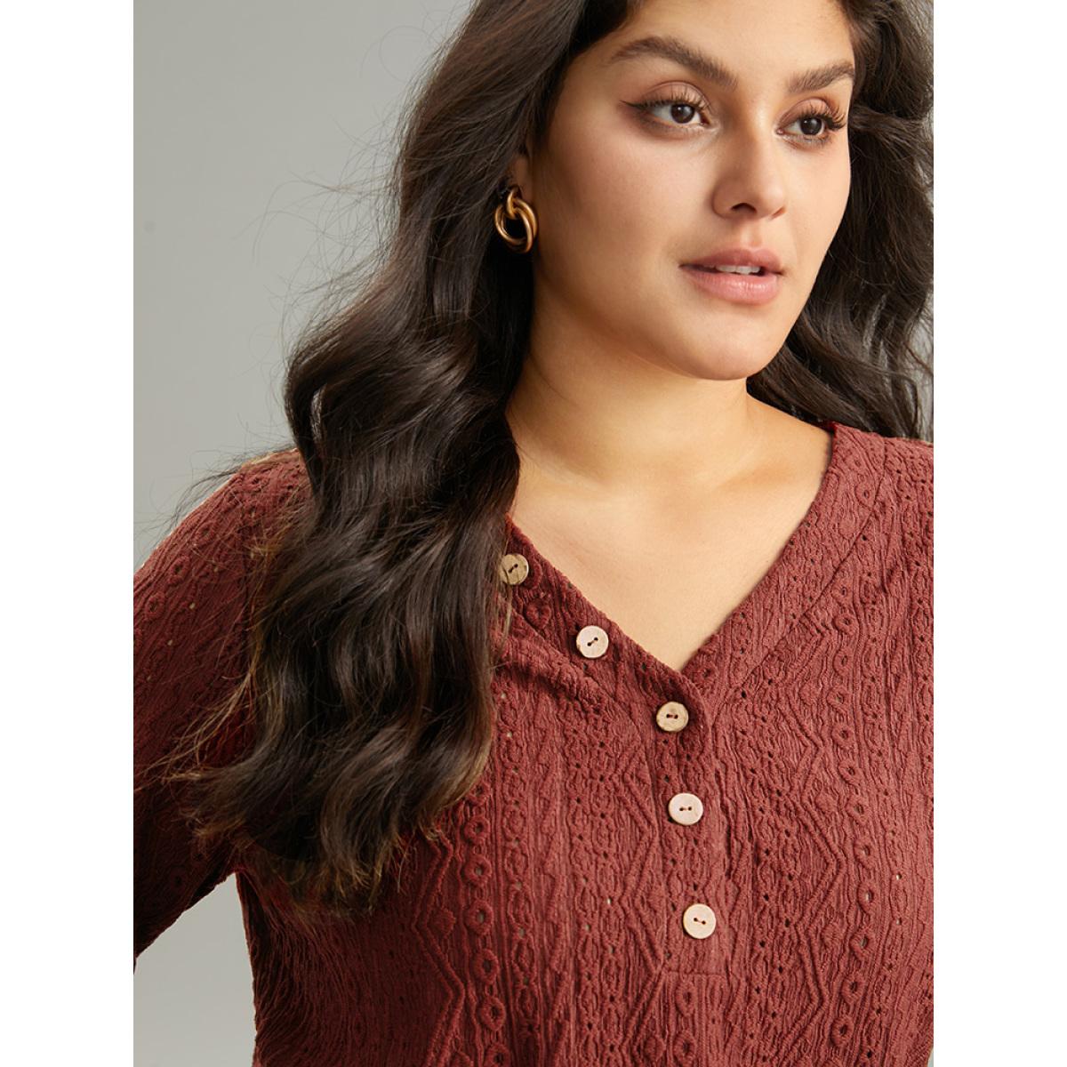 Plus Size Broderie Anglaise Button Detail Jacquard T-shirt Raspberry Women Elegant Texture Plain V-neck Dailywear T-shirts BloomChic 12/L Product Image