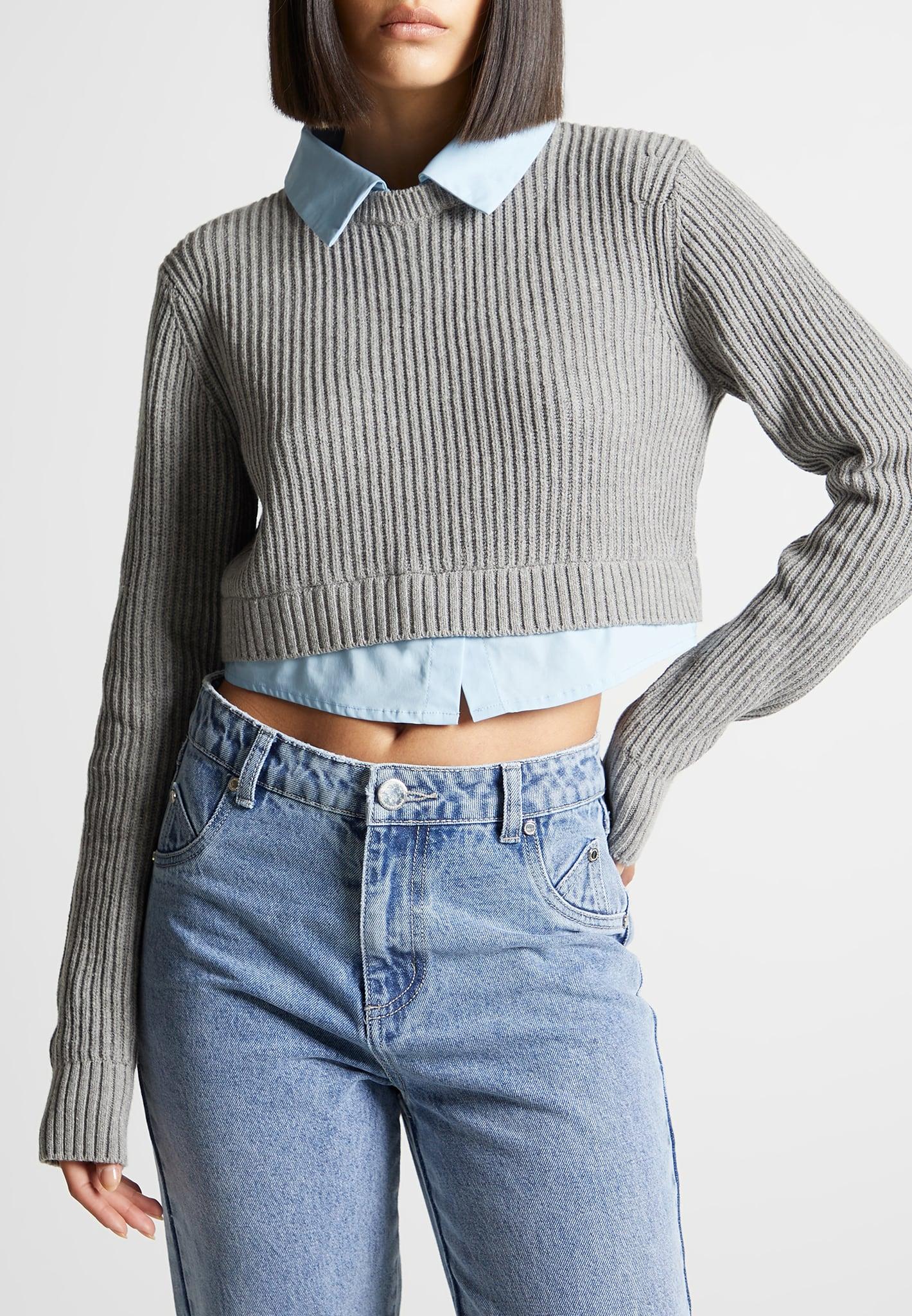 Knitted Jumper with Shirt Detail - Blue/Grey Female Product Image