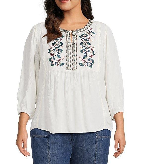 Nurture Plus Size 3/4 Sleeve Keyhole Neck Embroidered Square Yoke Top Product Image