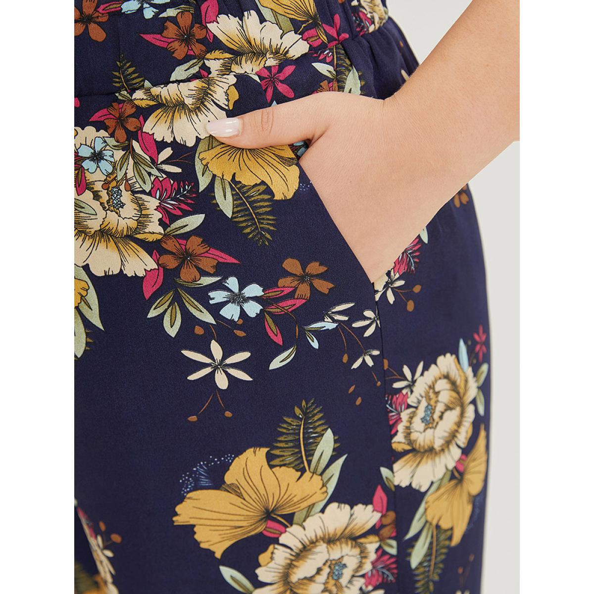 Plus Size Floral Print Pocket Elastic Waist Wide High Rise Pants Women Indigo Elegant Straight Leg High Rise Dailywear Pants BloomChic 22-24/3X Product Image