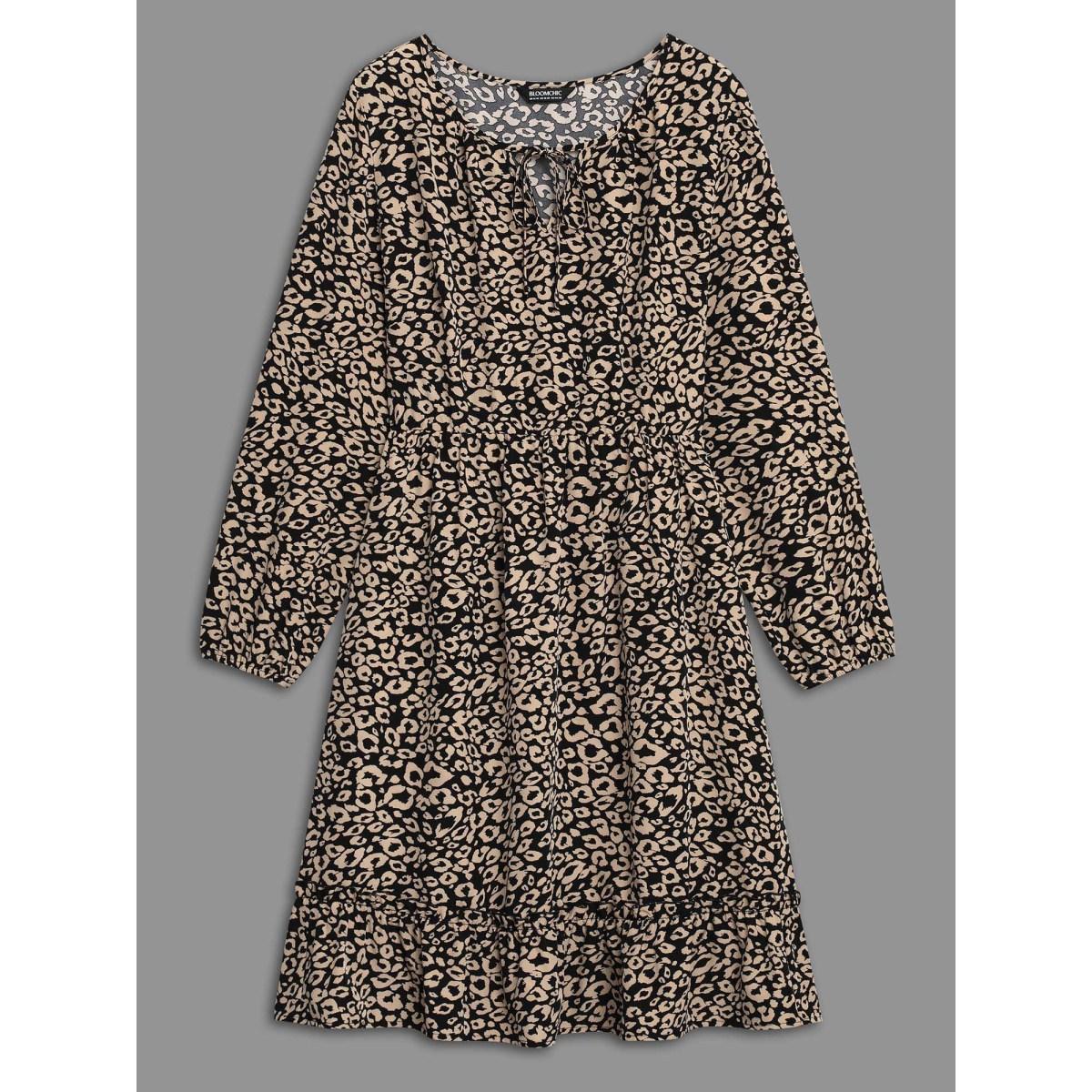 Plus Size Leopard Print Tiered Hem Pockets Midi Dress BlackFlower Women Elegant Tie knot V-neck Long Sleeve Curvy BloomChic 28/5X Product Image