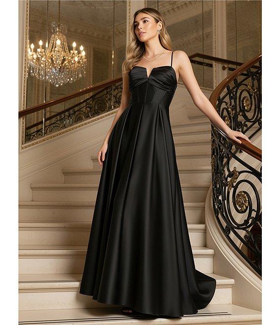 Blondie Nites Satin V-Notch Front Spaghetti Strap Tie Back Gown Product Image