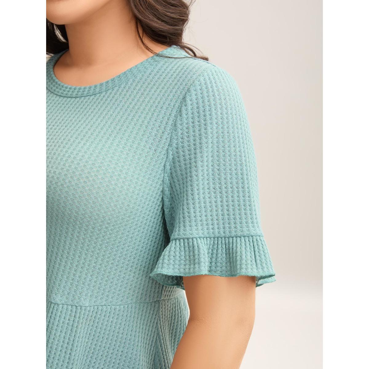 Plus Size Waffle Lotus Leaf Hem T-Shirt Turquoise Women Texture Round Neck Everyday-Casual T-shirts BloomChic 18-20/2X Product Image