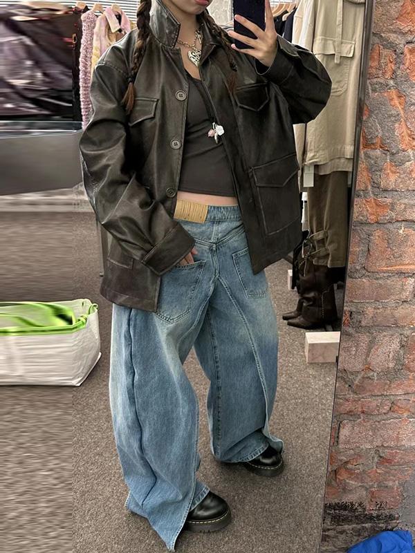 False Two Wide Leg Pockets Reversible Jean Pants Bottoms Product Image