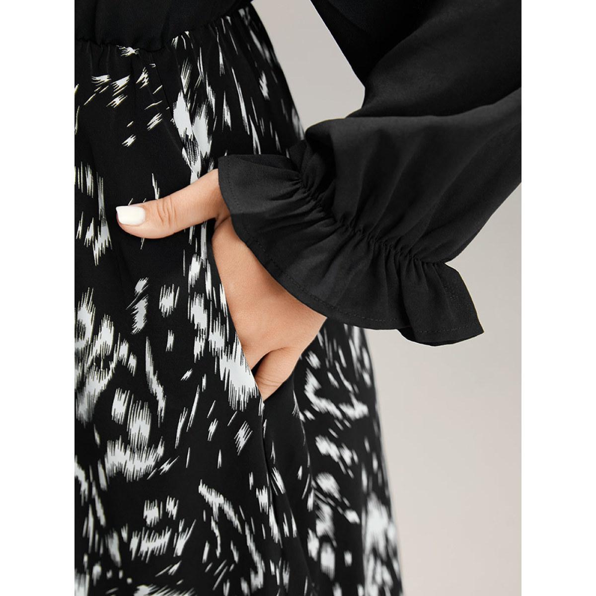 Plus Size Square Neck Brush Print Patchwork Split Hem Dress BlackFlower Women At the Office Elastic cuffs Square Neck Half Sleeve Curvy Midi Dress BloomChic 22-24/3X Product Image